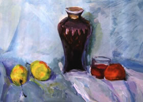 瓷瓶、水杯和水果组合水粉画法