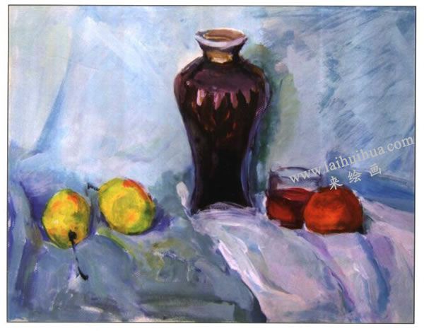 瓷瓶、水杯和水果组合水粉画法步骤图示04