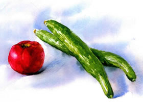 西红柿与西瓜水彩画法