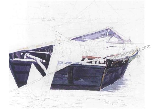 渔船的水彩画法步骤图示03