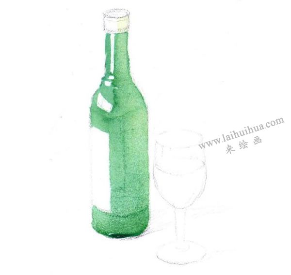 酒瓶与玻璃酒杯水彩画法步骤图示02