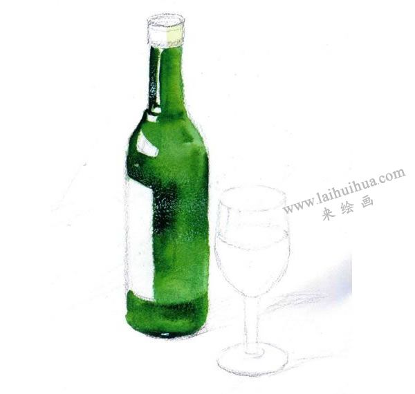 酒瓶与玻璃酒杯水彩画法步骤图示03