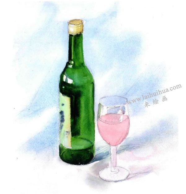 酒瓶与玻璃酒杯水彩画法步骤图示04