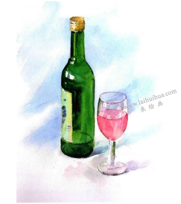 酒瓶与玻璃酒杯水彩画法步骤图示05