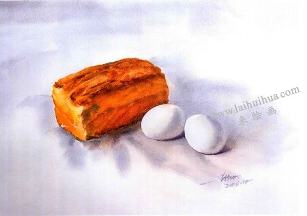 面包和鸡蛋水彩画法步骤图示04
