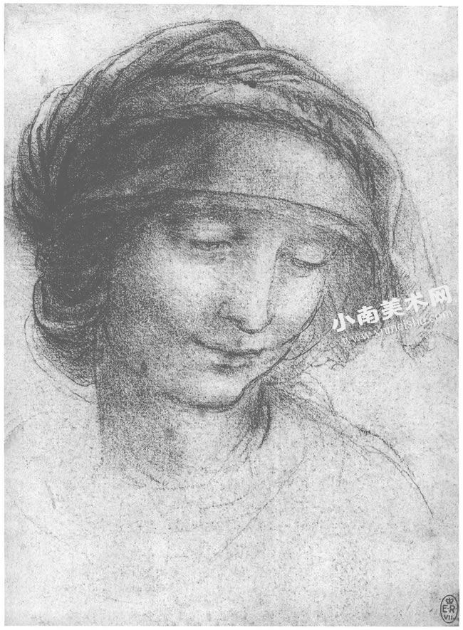 达芬奇《圣安妮的头部肖像》经典素描作品高清大图