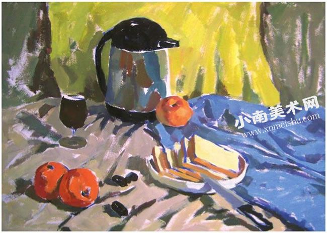 咖啡壶与餐具组合水粉静物绘画步骤图示04