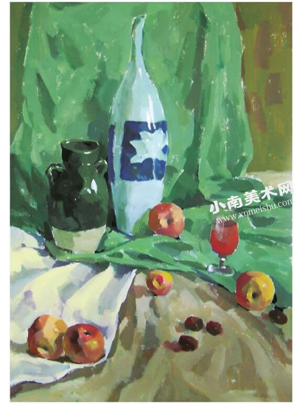 瓷瓶与水果组合水粉静物画绘画步骤图示04