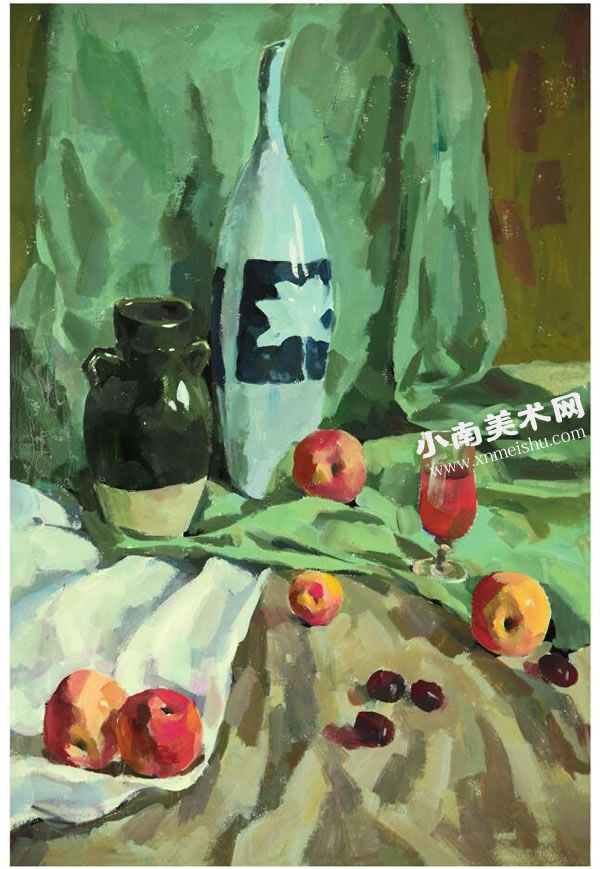 瓷瓶与水果组合水粉静物画绘画步骤图示05