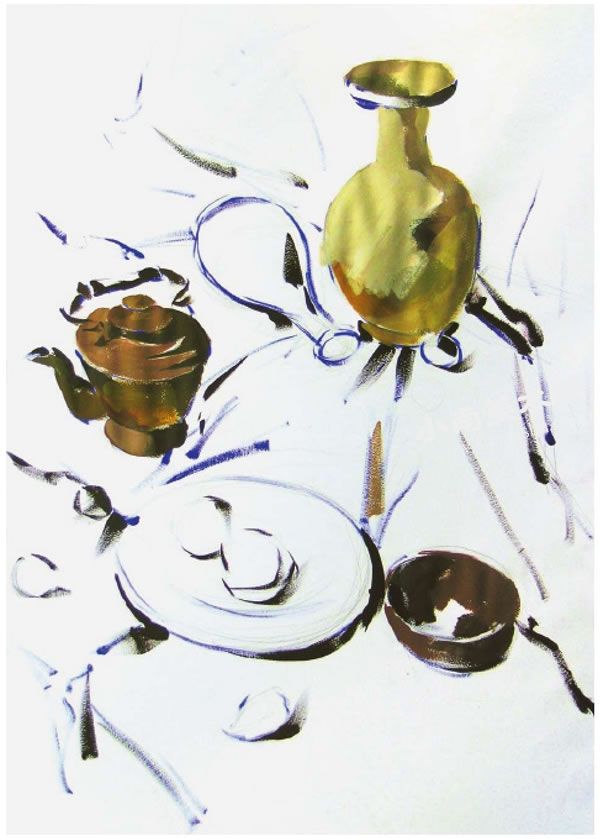 铜壶与花瓷瓶组合水粉静物绘画步骤图示03
