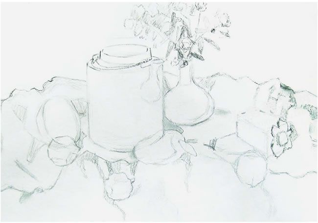 鲜花与瓷壶组合水粉静物绘画步骤图示01