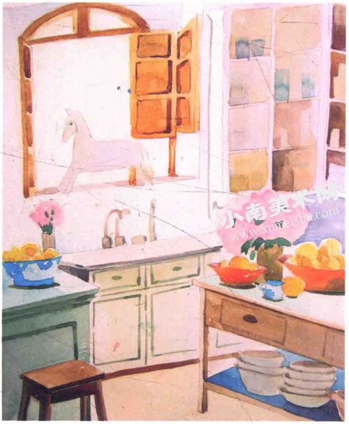 整洁的厨房水彩画绘制步骤图示10