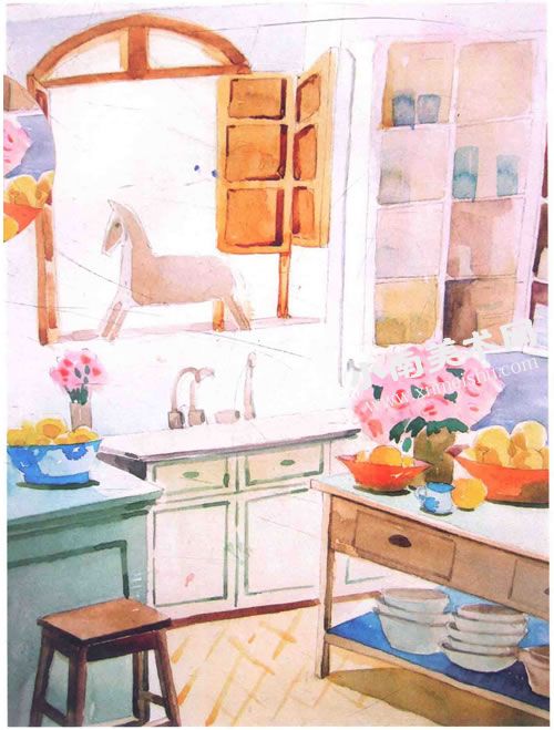 整洁的厨房水彩画绘制步骤图示11