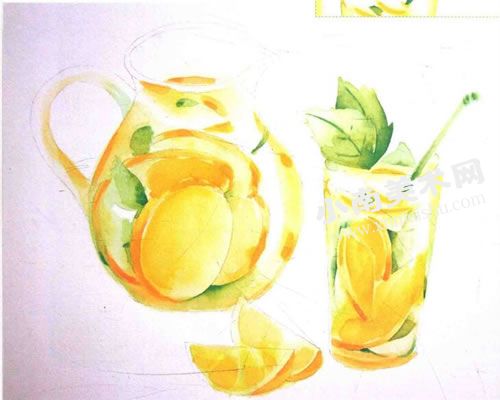 清凉的柠檬水水彩画绘制步骤图示08