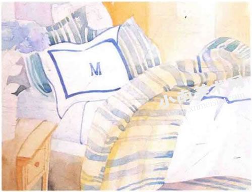 舒适的床上用品水彩画绘制步骤图示06