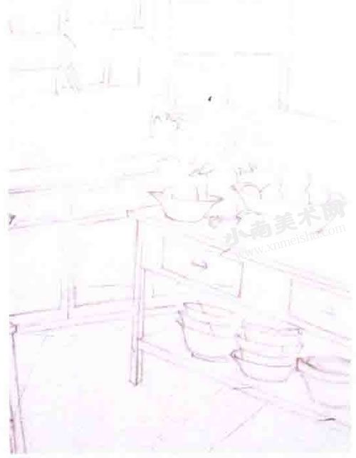 整洁的厨房水彩画绘制步骤图示03