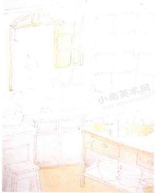 整洁的厨房水彩画绘制步骤图示04