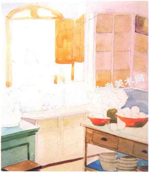 整洁的厨房水彩画绘制步骤图示08