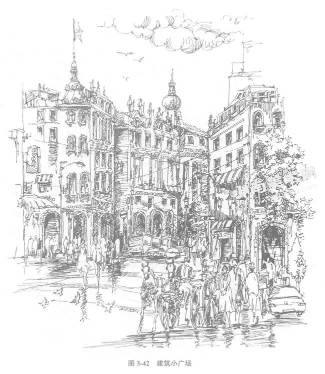 欧式建筑《建筑小广场》钢笔速写画作品高清大图