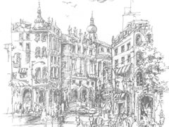 欧式建筑《建筑小广场》钢笔速写画作品欣赏