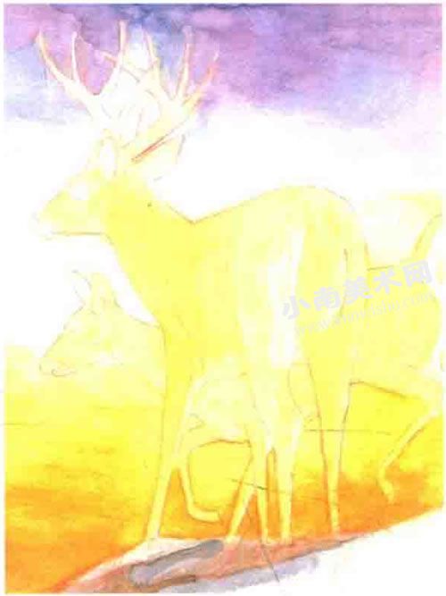 夕阳下的麋鹿水彩画绘制步骤图示02