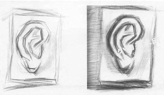 石膏雕塑人物耳朵素描画法绘制步骤图示02