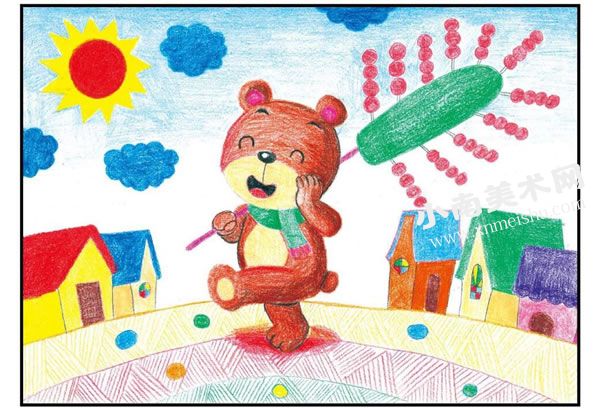卖糖葫芦的小熊彩色铅笔涂画步骤图示