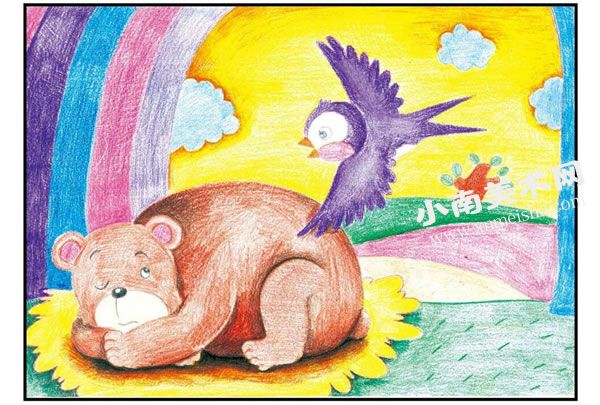 贪睡的棕熊彩色铅笔涂画步骤图示03