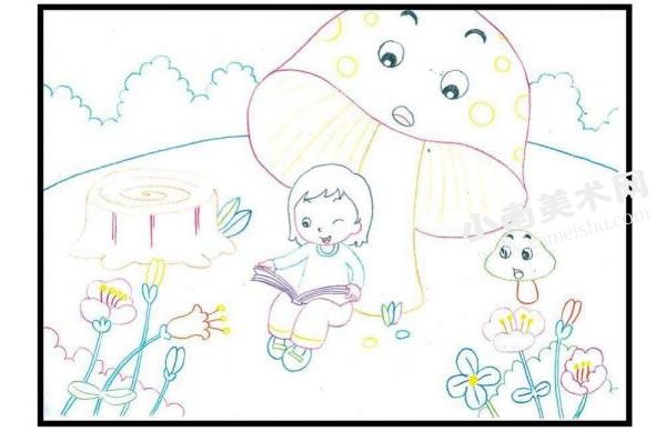 漂亮的蘑菇伞彩色铅笔画涂画步骤图示01