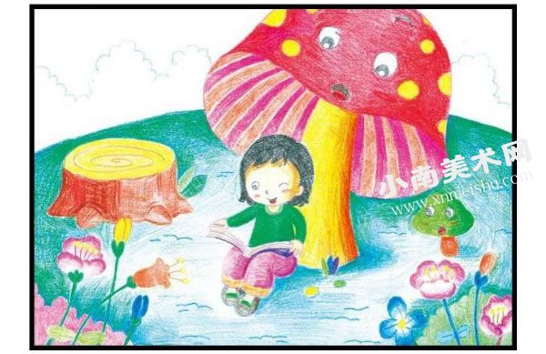 漂亮的蘑菇伞彩色铅笔画涂画步骤图示02