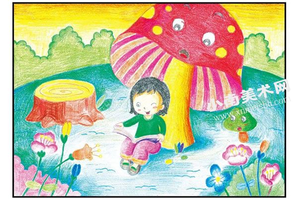 漂亮的蘑菇伞彩色铅笔画涂画步骤图示03