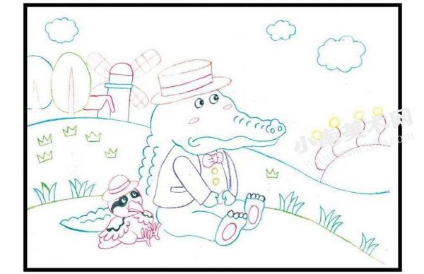 鳄鱼和小鸟彩色铅笔涂画步骤图示01