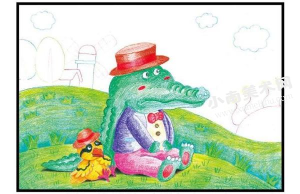 鳄鱼和小鸟彩色铅笔涂画步骤图示02