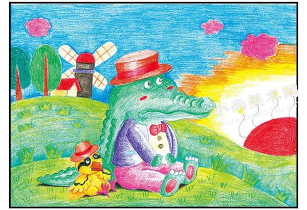 鳄鱼和小鸟彩色铅笔涂画步骤图示03