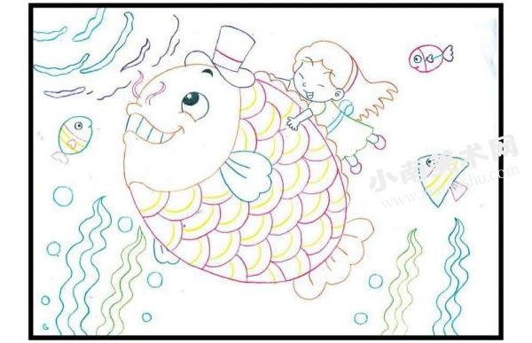 小鱼带我游海洋彩色铅笔涂画步骤图示01