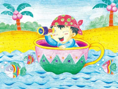 【儿童画教程】我发明的茶杯船彩色铅笔涂画步骤图示