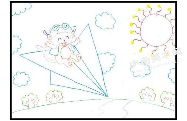 开纸飞机的小猴子彩色铅笔涂画步骤图示01