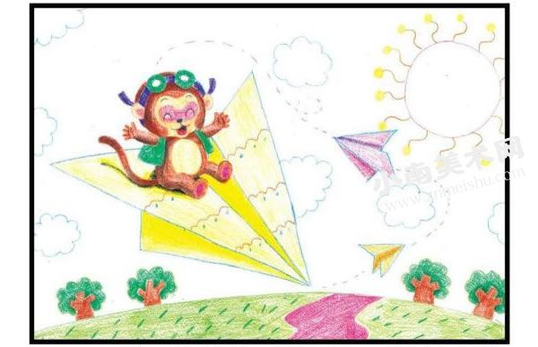 开纸飞机的小猴子彩色铅笔涂画步骤图示02
