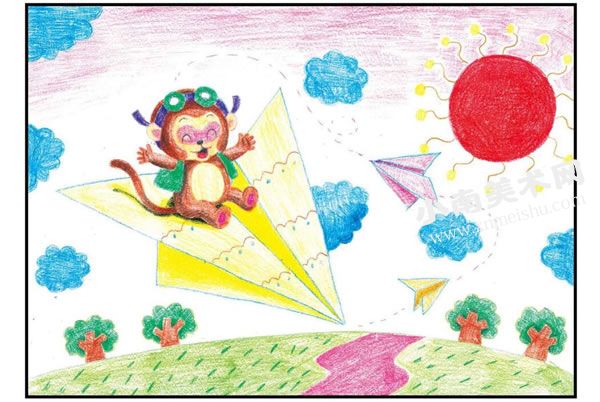 开纸飞机的小猴子彩色铅笔涂画步骤图示03