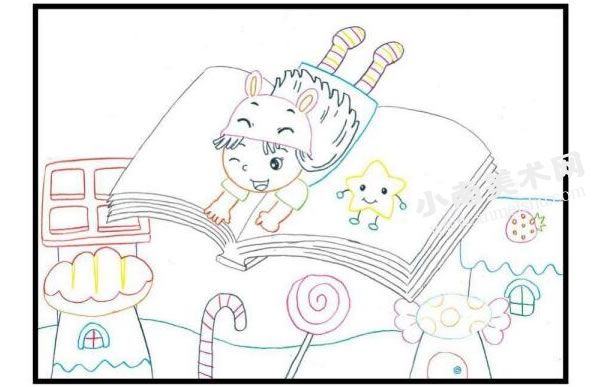 爱看书的小女孩彩色铅笔涂画步骤图示01