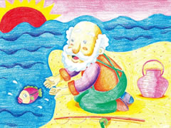 【儿童画教程】渔夫和金鱼彩色铅笔涂画步骤图示
