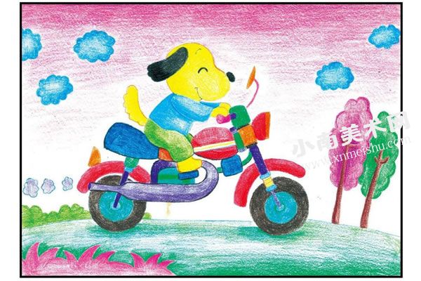 骑摩托车的小狗彩色铅笔涂画步骤图示03