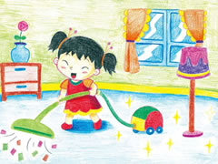 【儿童画教程】打扫房间彩色铅笔涂画步骤图示