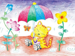 【儿童画教程】打伞的小猫彩色铅笔涂画步骤图示