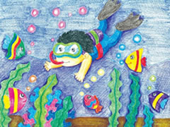 【儿童画教程】潜水的男孩彩色铅笔涂画步骤图示