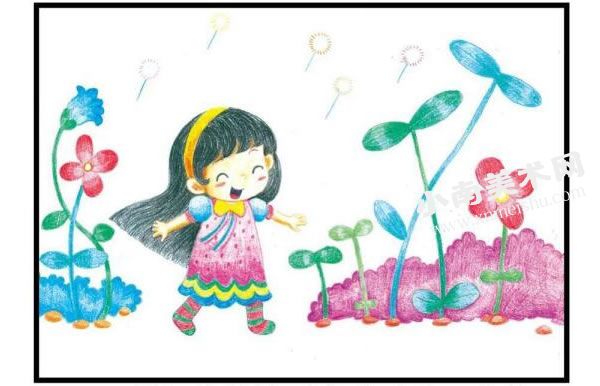花园里的小女孩彩色铅笔涂画步骤图示02