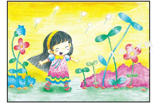花园里的小女孩彩色铅笔涂画步骤图示03