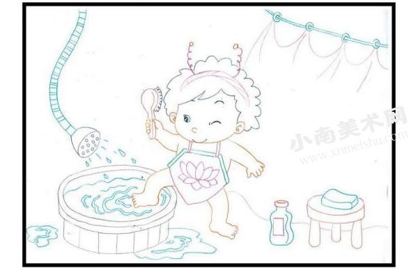 娃娃洗澡彩色铅笔涂画步骤图示01