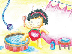 【儿童画教程】娃娃洗澡彩色铅笔涂画步骤图示