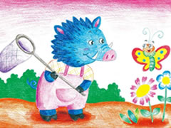 【儿童画教程】小野猪捉蝴蝶彩色铅笔涂画步骤图示